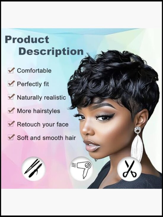 Pixie Cut Wig Short Curly Wavy Synthetic Hair with Bangs Glueless 130% Density